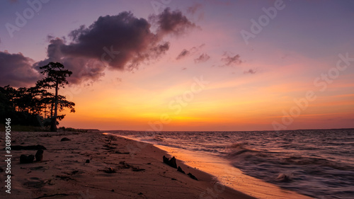 Orange and purple sunset over North Carolina Shoreline