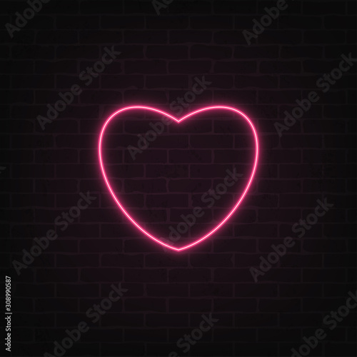 Vector poster of neon light heart on grunge brick wall background. Bright love symbol in retro style. Glowing banner for cards, posters, templates and your own projects. EPS 10 file.