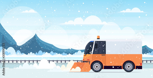 snow plow truck cleaning highway road afrer snowfall winter snow removal concept mountains landscape background horizontal vector illustration