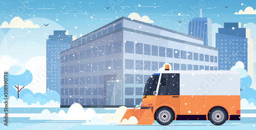 snow plow truck cleaning city road afrer snowfall winter snow removal concept modern cityscape background horizontal vector illustration