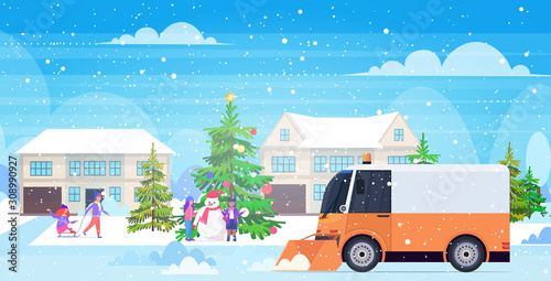snow plow truck cleaning street afrer snowfall winter snow removal concept countryside background horizontal vector illustration