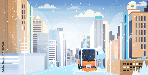 snow plow truck cleaning city road afrer snowfall winter snow removal concept modern cityscape background horizontal vector illustration