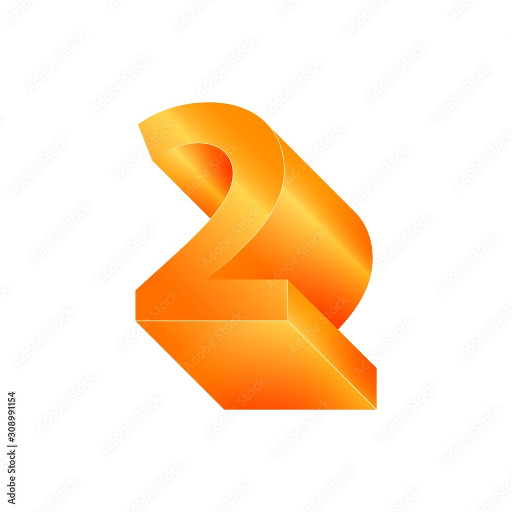 3D number 2. Volumetric orange figure with a metallic sheen.