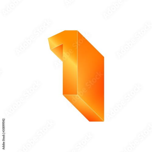 3D number 1. Volumetric orange figure with a metallic sheen.