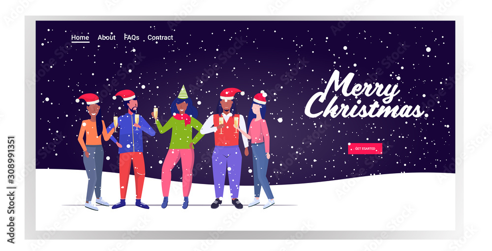 mix race people in santa claus hats drinking champagne merry christmas happy new year winter holidays corporate party celebration concept full length snowfall background copy space horizontal vector