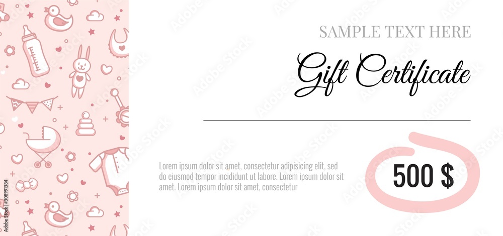 Gift Voucher for Kids and Baby Goods.   Gift certificate for a holiday.  Vector  illustration