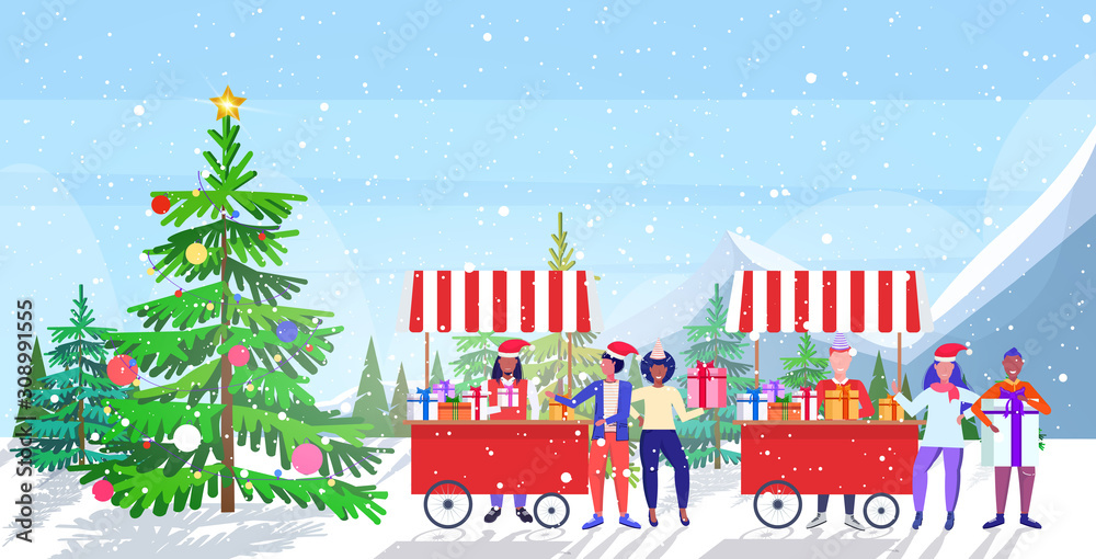 sellers in santa hat selling present boxes mix race people doing shopping and buying presents on christmas market or fair winter holidays concept landscape background full length sketch horizontal