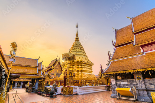 Wat Phra That Doi Suthep with golden morning sky, the most famous temple in Chiang Mai, Thailand photo