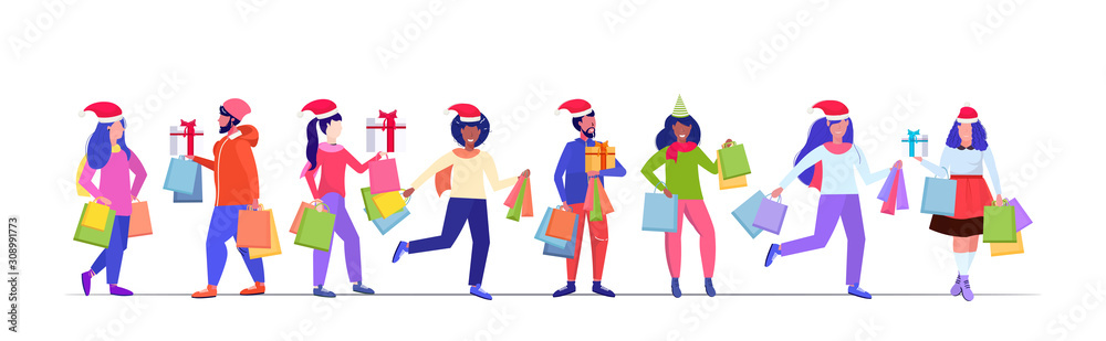 mix race people in santa hats carrying shopping bags and gift present boxes merry christmas happy new year winter holidays celebration concept full length sketch horizontal vector illustration mix race people in santa hats carrying shopping bags and gift present boxes merry christmas happy new year winter holidays celebration concept full length sketch horizontal vector illustration