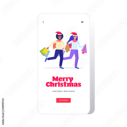 african american women in santa hats carrying shopping bags merry christmas happy new year winter holidays celebration concept smartphone screen online mobile app full length sketch vector