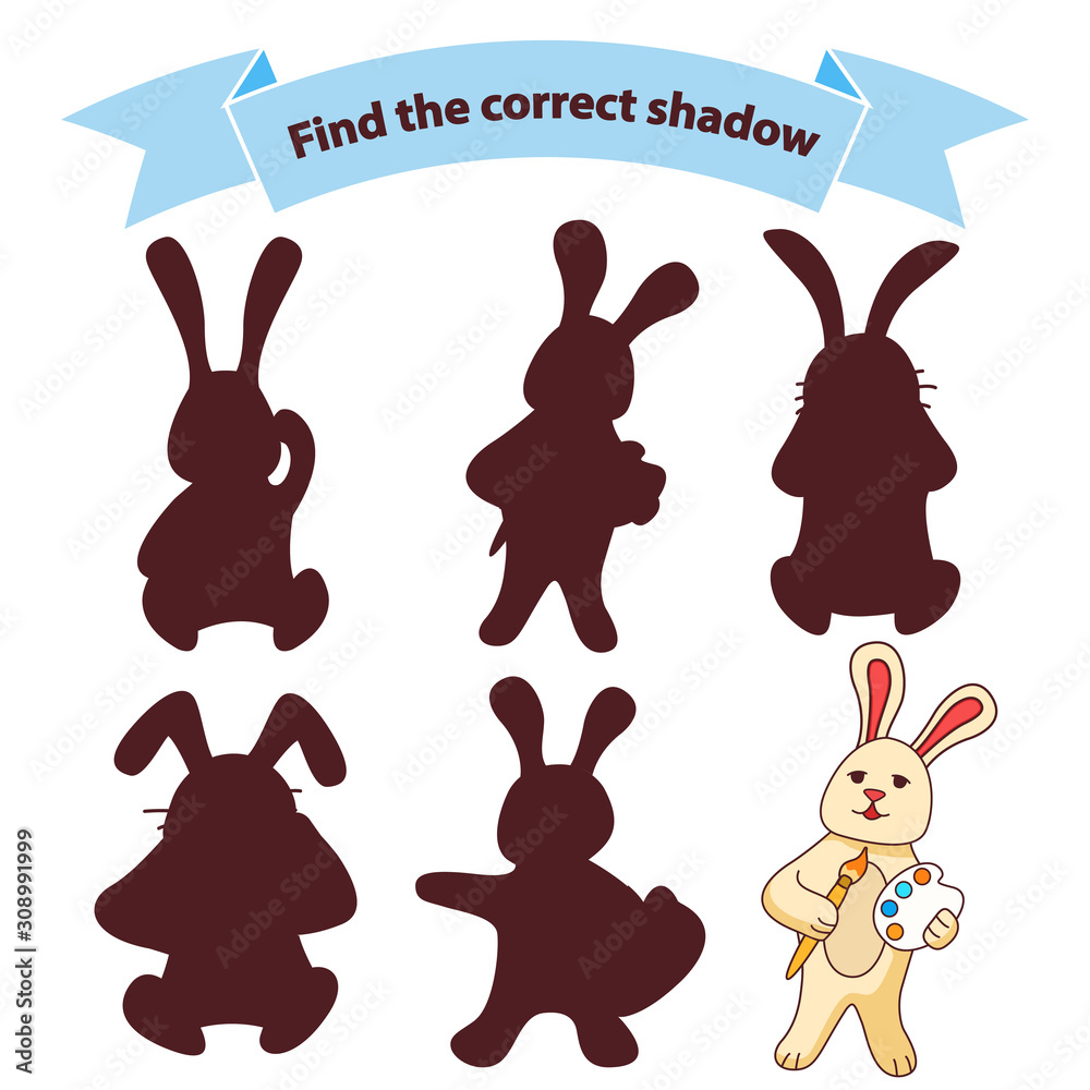 Find the correct shadow rabbit the artist with a brush and paints of paltry.Educational game for children cute hare.Flat illustration vector. A game concept for kindergarten, elementary school.