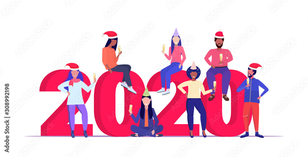 Fototapeta premium mix race people in santa hats drinking champagne celebrating corporate party merry christmas happy new year winter holidays celebration concept full length horizontal vector illustration