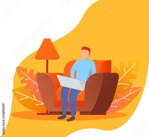 A man sits In the armchair with a laptop.The concept of distance e-learning.Young guy self education.Student cartoon character flat illustration education vector.