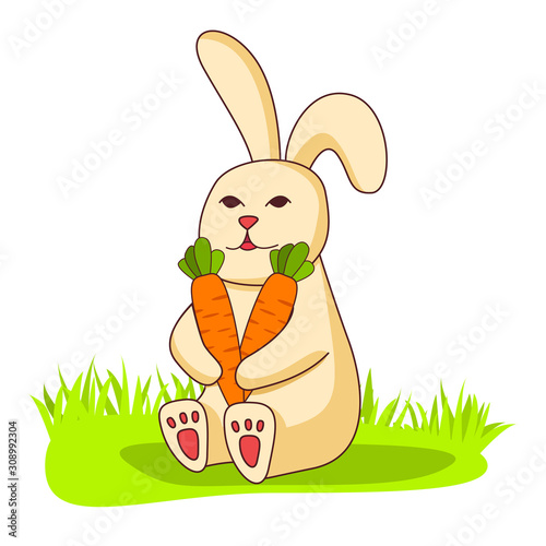 Bunny holding  carrot .Happy rabbit .Hare cartoon character.Festive holiday banner flat vector.Festive banner.