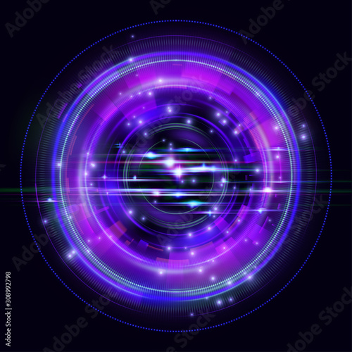 Magic circle light effects. Illustration isolated on dark background. Mystical portal. Glow ring. Magic neon ball. Abstract glowing circles on black background. Vector.