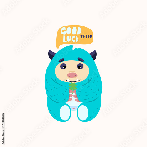 Good luck to you. Cute yeti or bigfoot. Hand drawn vector greeting card. Flat design. Eps 10.