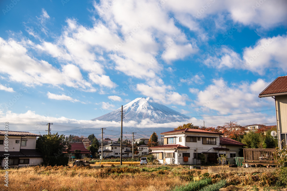 YAMANASHI, JAPAN - NOV 15, 2019 : Landscape of Mount Fuji in Fujiyoshida City (Yamanashi Prefecture, Japan) YAMANASHI, JAPAN - NOV 15, 2019 : Landscape of Mount Fuji in Fujiyoshida City (Yamanashi Prefecture, Japan)