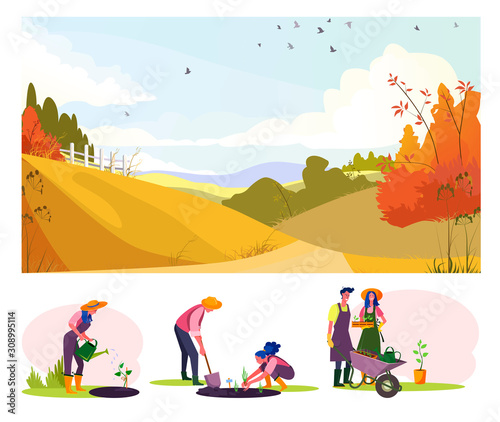 Agriculture flat vector illustration set. Farmers planting and watering seedlings. Gardening  farming concept