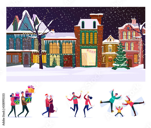 Christmas party flat vector illustration set. Family, friends, couples celebrating New Year. Celebration, winter holiday, having fun concept