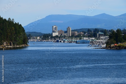Harbour entrance with view from the ocean towards the city skyline Nanaimo, BC Canada