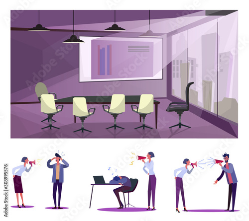 Corporate conflict flat vector illustration set. Office colleagues or partners with megaphones shouting at each other. Business communication, problem concept
