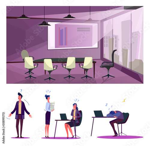Failure at work flat vector illustration set. Office employee sleeping at workplace, having many questions. Business problems concept