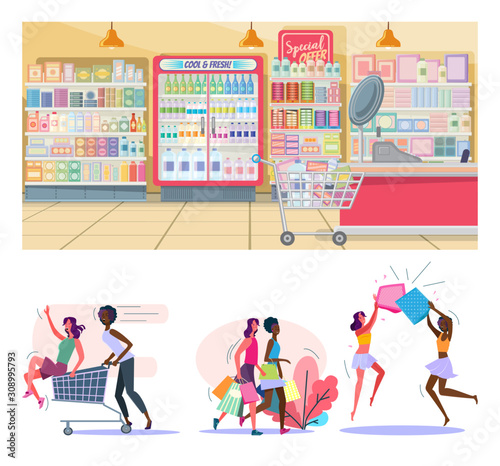 Female friends flat vector illustration set. Two cheerful women doing shopping together and fighting with pillows. Friendship, communication concept
