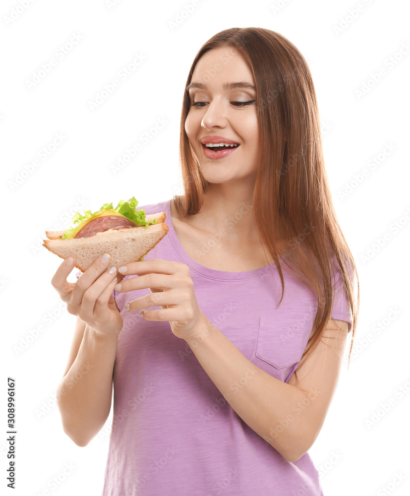 Young woman with tasty sandwich on white background Young woman with tasty sandwich on white background