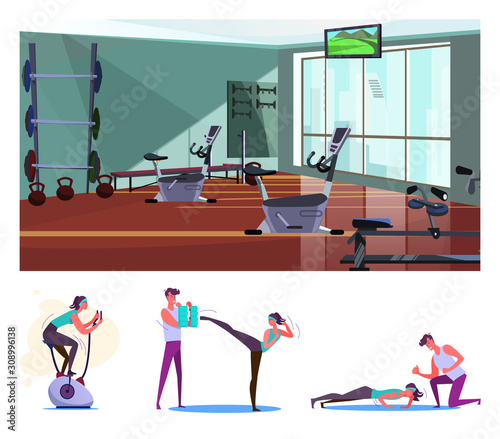 Gym flat vector illustration set. Woman training body with instructor, fighting, doing press-ups, riding exercise bike. Fitness, lifestyle concept