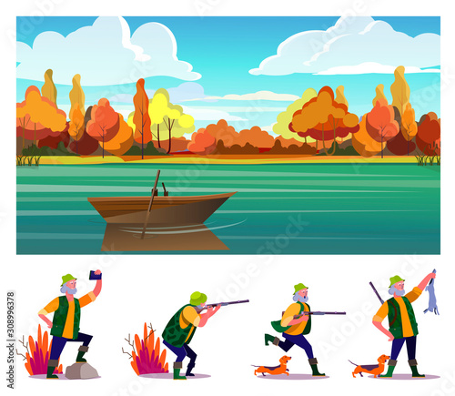 Hunting game flat vector illustration set. Hunter shooting rifle, running with dog, holding shot animal. Hobby, leisure, lifestyle concept