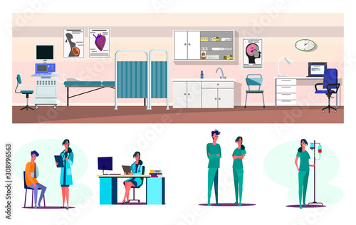 Medical aid flat vector illustration set. First aid station, emergency, patient with broken arm in doctor office. Medicine, hospital, healthcare concept
