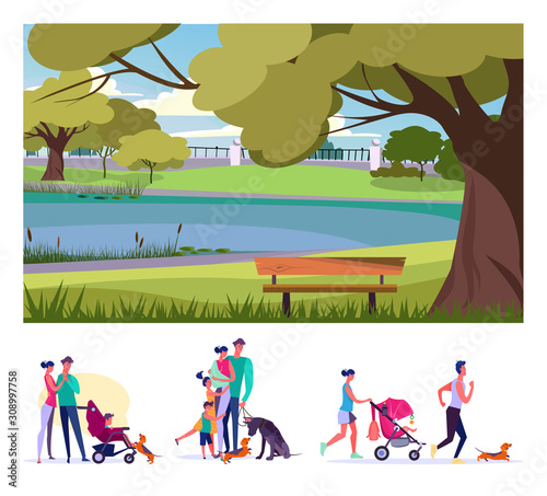 Walk in park flat vector illustration set. Parents  walking with children and pets  man jogging with dog. Weekend  leisure  walking outside concept
