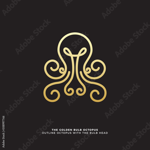 golden octopus Outline of on black background