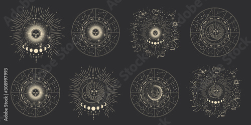 Vector illustration set of moon phases. Different stages of moonlight activity in vintage engraving style. Zodiac Signs