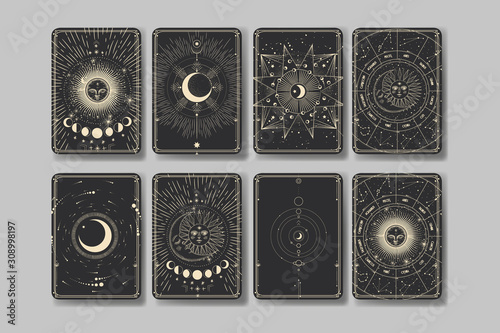 Vector illustration set of moon phases. Different stages of moonlight activity in vintage engraving style. Zodiac Signs