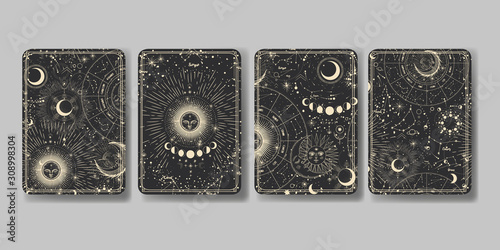 Vector illustration set of moon phases. Different stages of moonlight activity in vintage engraving style. Zodiac Signs