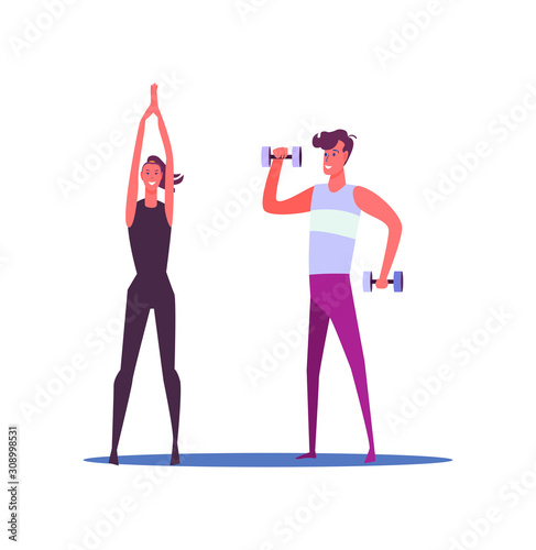 Sporty people doing physical exercises. Smiling woman stretching her arms up and man with dumbbells flat vector illustration. Sport and healthy lifestyle concepts for banner, website, landing page