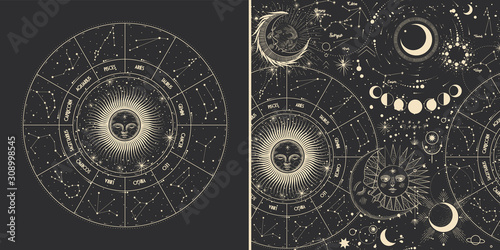Vector illustration set of moon phases. Different stages of moonlight activity in vintage engraving style. Zodiac Signs