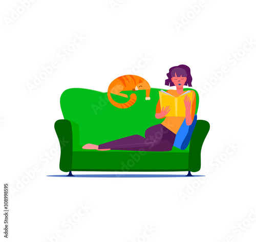 Young girl sitting on green couch and reading book. Girl in casual outfit and cat on sofa flat vector illustration. Hobby and relaxation concept for banner, website, landing page