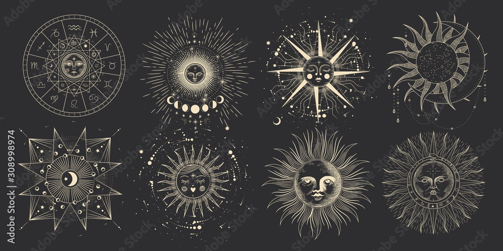 Vector illustration set of moon phases. Different stages of moonlight activity in vintage engraving style. Zodiac Signs