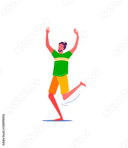 Joyful man with manbun. Casual not busy person flat vector illustration. Leisure activity  hobby concept concept for banner  website design or landing web page.