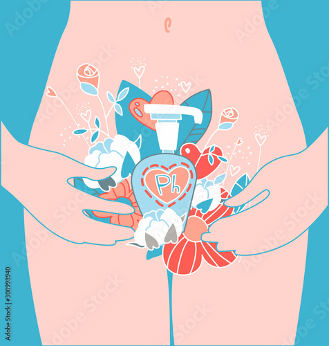 Caring for female intimate health. Soft cotton and natural flowers. Vector illustration.