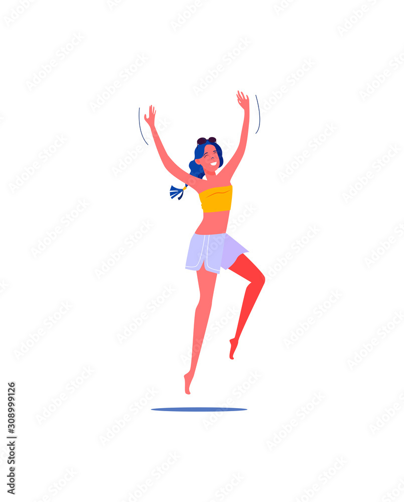 Very excited lady in shorts. Casual free person flat vector illustration. Leisure activity, hobby concept for banner, website design or landing web page.
