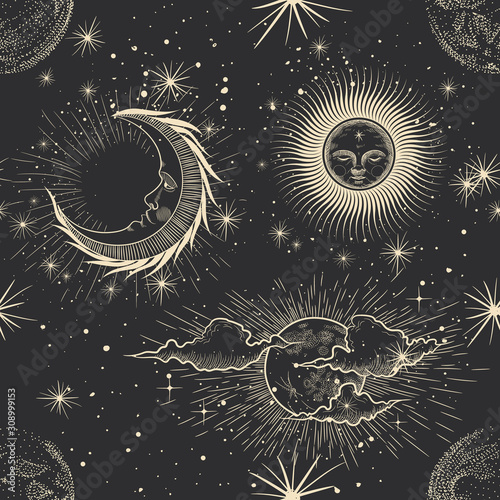 Vector illustration set of moon phases. Different stages of moonlight activity in vintage engraving style. Zodiac Signs