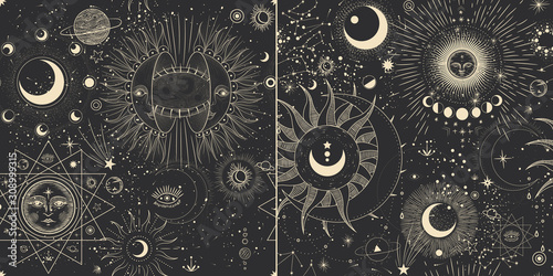 Vector illustration set of moon phases. Different stages of moonlight activity in vintage engraving style. Zodiac Signs