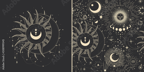 Vector illustration set of moon phases. Different stages of moonlight activity in vintage engraving style. Zodiac Signs