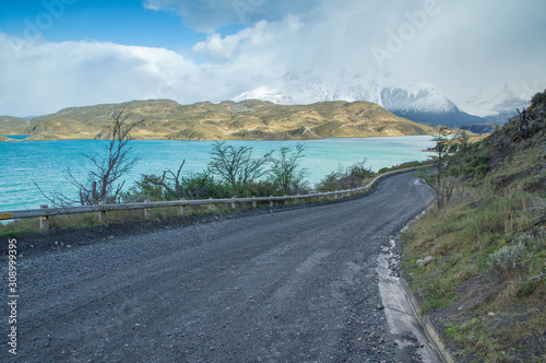 Road beside the lake in Torres del Paine National Park, Chile