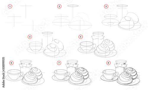 How to draw step-wise still life with cup of tea and tasty cakes. Creation step by step pencil drawing. Educational page for artists. Textbook for developing artistic skills. Hand-drawn vector image.