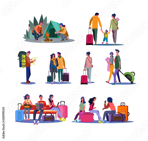 Tourism and trip set. Tourists carrying luggage, waiting in airport, enjoying camping. Flat vector illustrations. Travel, vacation concept for banner, website design or landing web page