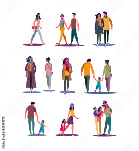 Walking people set. Men, women, couples, parents with kids walking. Flat vector illustrations. Moving, people outside concept for banner, website design or landing web page